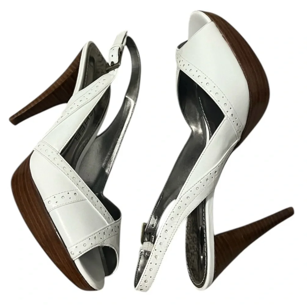 Marc Fisher women’s 6.5 open toe white spiked 4” heels with ankle straps